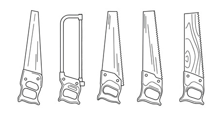 Fototapeta na wymiar Various hand saws: line art of hacksaw, crosscut, rip, backsaw, and bow saw