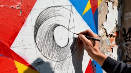 Artist carefully sketching an abstract mural outline on a city wall blending bold geometric shapes with vibrant colors to create dynamic urban art. - Powered by Adobe