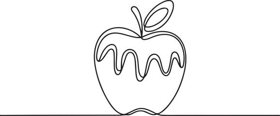 A single line drawing of a chocolate covered apple. Continuous line a piece apple icon. One line icon. one line Icon drawing