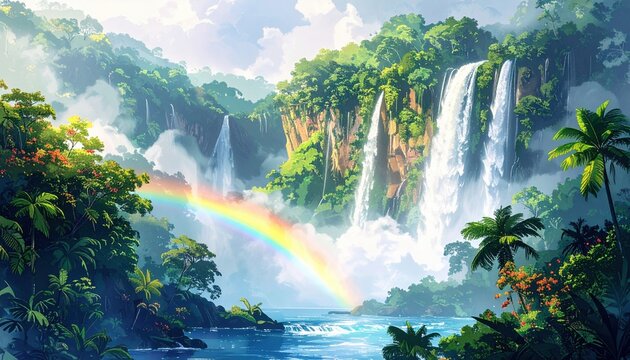 lush tropical valley with multiple waterfall and rainbow suggesting amazon or southeast asia during humid morning