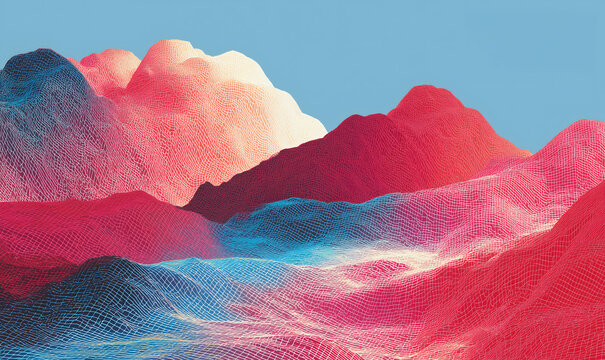 Abstract digital landscape with vibrant red, pink, and blue wireframe mountains under a clear sky.