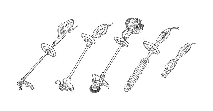 Vector line art of garden trimmers and saws in various designs