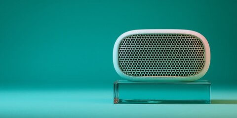 a sleek, minimalist speaker device emitting subtle, colorful light (implied music/AI curation), resting on a clear block