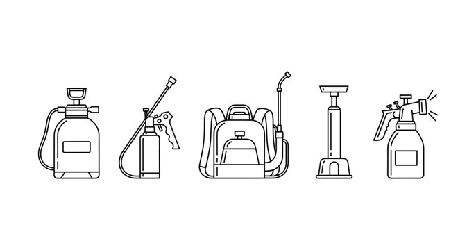 Line art of various garden sprayers and equipment