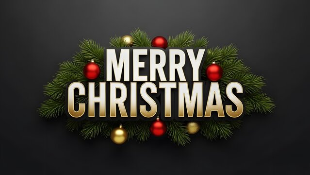 Elegant Merry Christmas greeting with gold lettering and festive decorations on black