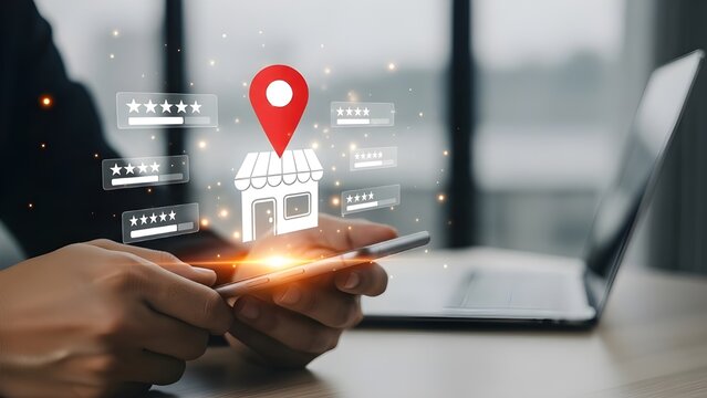 Man using smartphone to find local business with digital map location overlay