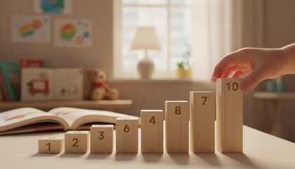 Child hand stacking beech wood blocks from Germany to learn numbers and growth steps in a warm preschool room