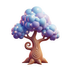Enchanted fairy tale tree with luminous purple and blue orb leaves, a cute magical nature element isolated on a white background