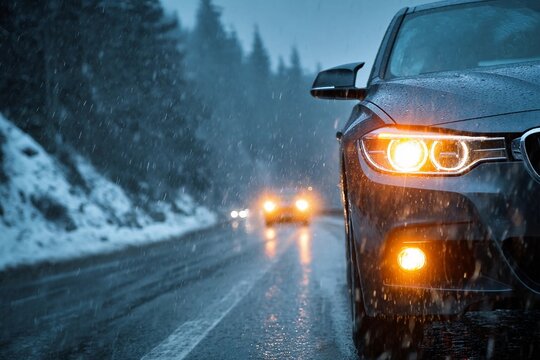 Rainy evening drive through snow-covered mountains with headlights illuminating the road ahead