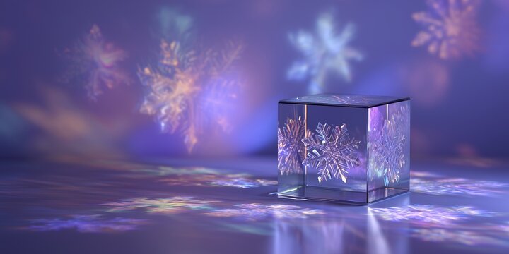 Studio still life close-up, a sleek prism device projecting a swirling, colorful 3D holographic image of snowflakes and stars onto the wall