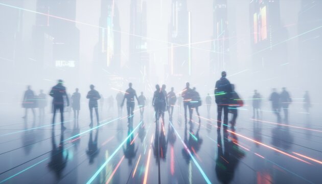 Futuristic city crowd walking through neon haze with digital beam symbolizing technology evolution urban culture and modern connectivity