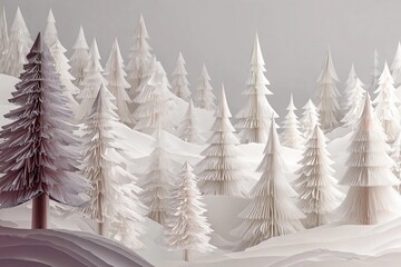 Obraz premium Winter forest scene featuring layered paper trees in soft colors and textures creating a serene landscape