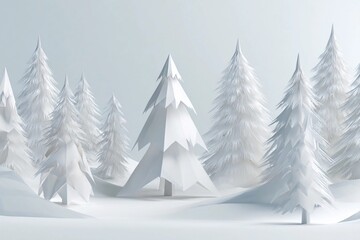 Obraz premium Snowy winter landscape featuring paper-like trees in a serene, minimalist forest setting