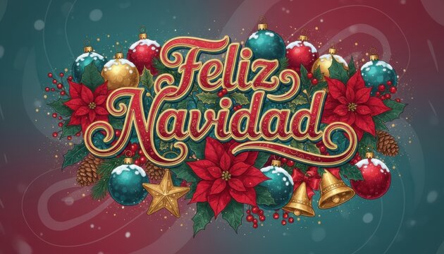Christmas greeting Feliz Navidad surrounded by ornaments and poinsettias celebrating winter holiday traditions in Spanish regions - Powered by Adobe