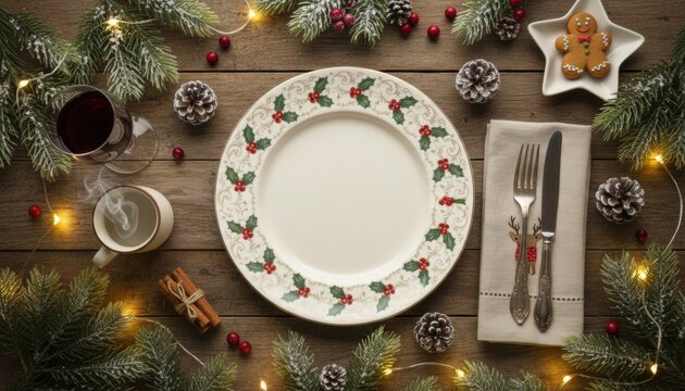 A decorated Christmas dinner table with holly plates warm drinks and cookies representing festive winter holiday traditions