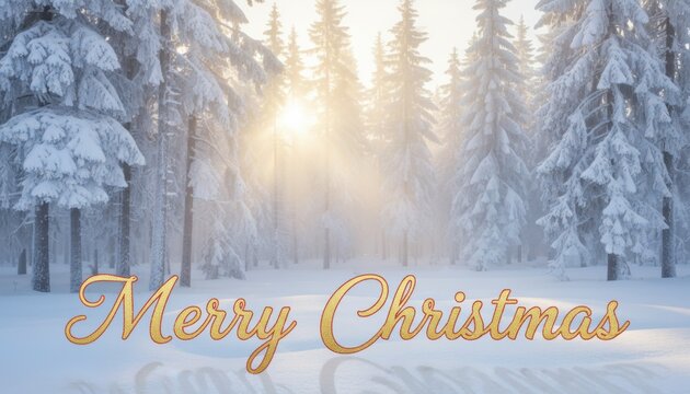 A snowy winter forest at sunrise with Merry Christmas text representing serene seasonal landscapes in northern countries - Powered by Adobe