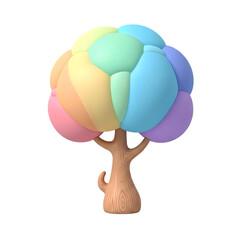 Vibrant 3D cartoon tree with a playful spherical canopy in soft pastel rainbow colors and a charming wooden trunk, symbolizing joy and creativity