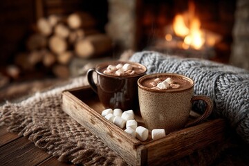 Cozy scene of hot chocolate by the fireplace with marshmallows in rustic setting during winter evening