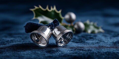 two small silver sleigh bells tied together with a velvet ribbon and a sprig of holly and berries