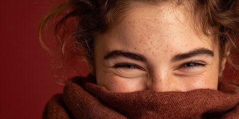 Cozy close-up of smiling eyes wrapped in a soft pink knit scarf