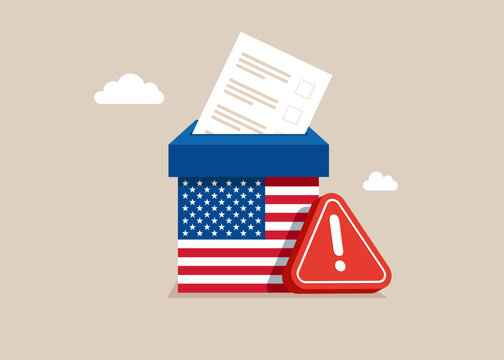 Election box with exclamation attention sign. Prohibition on voting in USA. Seizure of paper ballots to election box. Voter bribery, dictatorship concept. Flat vector illustration