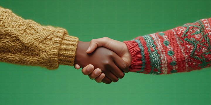 two diverse hands clasped in an anticipatory handshake or greeting, wearing festive, textured sweaters
