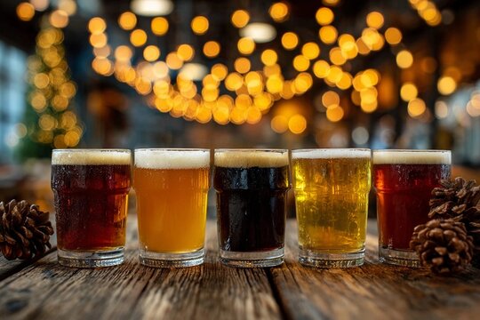 Craft beers arranged on a wooden table with warm lights in the background at a lively brewery during the evening