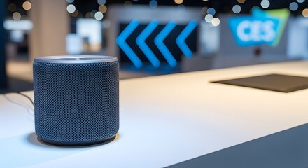 Smart speaker device on a bright exhibition counter at a CES tech expo for future home automation concept and artificial intelligence innovation