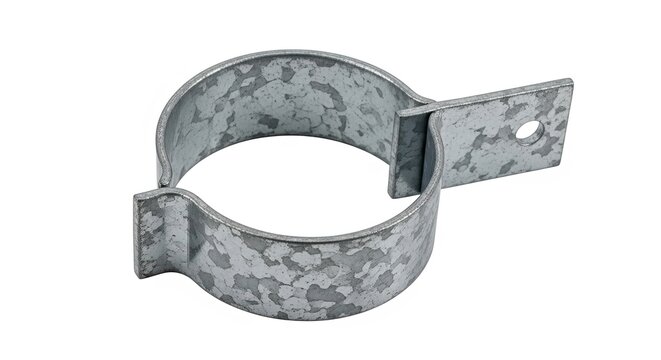 Galvanized metal pipe clamp on a white background.