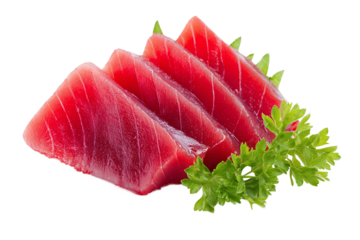 Fresh tuna sashimi slices isolated on transparent background, closeup