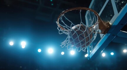 A basketball flies into the net in slow motion. Bright floodlights, a sports arena, the moment of victory, the action. - Powered by Adobe