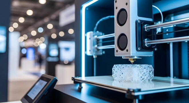 Advanced 3D printer creating a complex geometric object at a CES tech expo for manufacturing innovation concept and future engineering display