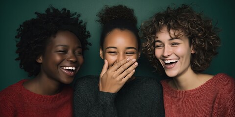 three diverse faces (implied adults) huddled close together in genuine, unrestrained laughter, one covering their mouth, wearing simple festive tops