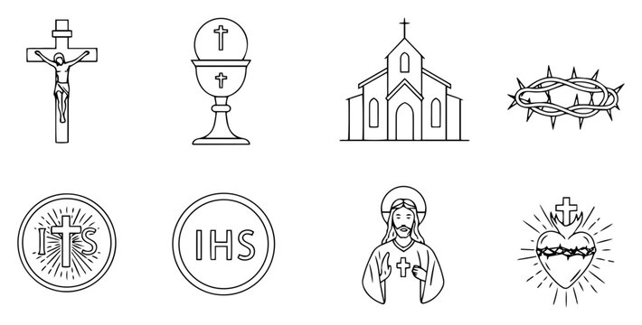 Set of Catholic Symbols: Crucifix, Chalice, Church, Crown of Thorns, IHS and Sacred Heart &ndash; Minimal Line Art Vector Icons Pack