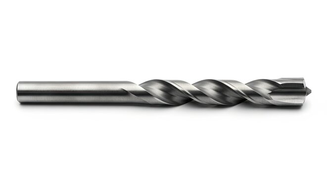 Close-up of a metal drill bit on a white background. - Powered by Adobe