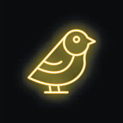 Bright yellow neon sign in the shape of a bird, glowing on a dark background