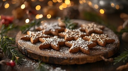 Rustic Gingerbread Cookie Display with Warm Holiday Glow