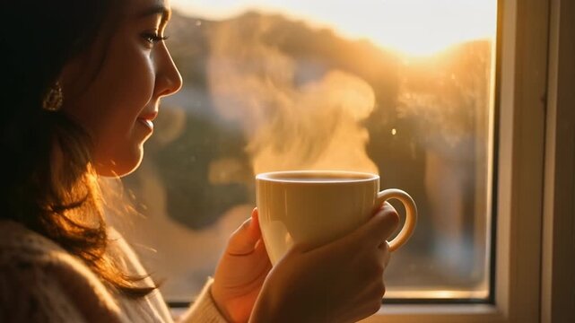 na persona sostiene un caf&eacute; cremoso y humeante mientras observa un bonito atardecer a trav&eacute;s de una ventana. La luz c&aacute;lida del sol crea un ambiente tranquilo y acogedor.