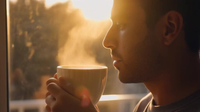 na persona sostiene un caf&eacute; cremoso y humeante mientras observa un bonito atardecer a trav&eacute;s de una ventana. La luz c&aacute;lida del sol crea un ambiente tranquilo y acogedor.