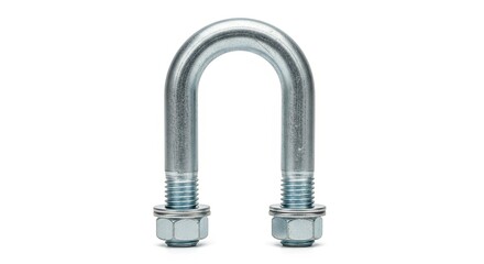 Close-up of a shiny metal U-bolt on white background.
