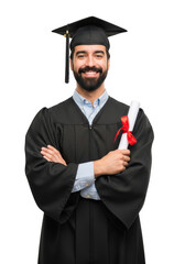 A joyful smiling man wearing a graduation cap and gown holding a diploma scroll isolated on transparent background