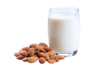 Glass of almond milk with almonds isolated on transparent background