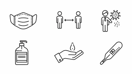 Illustration of health measures during a pandemic outbreak with mask, hand sanitizer, and thermometer