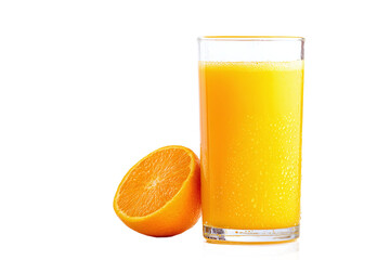 Refreshing glass of orange juice with a sliced orange isolated on transparent background