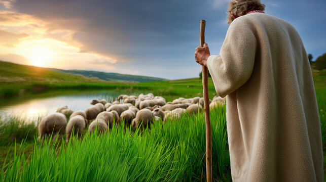 Psalm 23 meadow, shepherd with staff near still waters, green pastures, soul-rest tone, with copy space