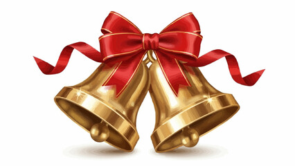 Golden christmas bells with a red ribbon tied in a bow for festive holiday decoration and celebration