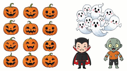 Cartoon halloween collection featuring pumpkins ghosts vampire and zombie in a playful arrangement