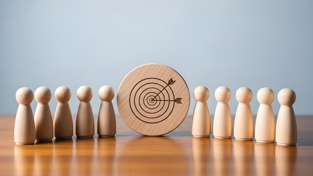 Wooden figures standing in a row with a target representing teamwork and goals