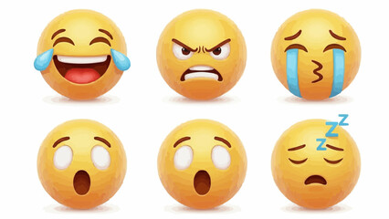 Illustration of six yellow emoji faces displaying different expressions on a white background