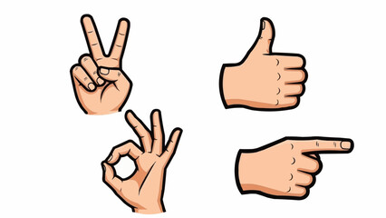 Illustration showing four different hand gestures including peace okay like and pointing hand signs